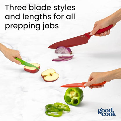 GoodCook Knife Set High Carbon Stainless Steel Kitchen Knives with Nonstick Finish Slip Resistant Grips and Protective Sheaths, Set Includes Paring Utility and Chef's Knives, 3-Piece Set, Multicolor