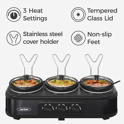 Sunvivi Triple Slow Cooker, Buffet Server & Warmer with 3 Removable Ceramic Pots, 3 Adjustable Temp Settings & 3 Metal Lid Rests, Stainless Steel, 3 * 1.5 Quarts Black