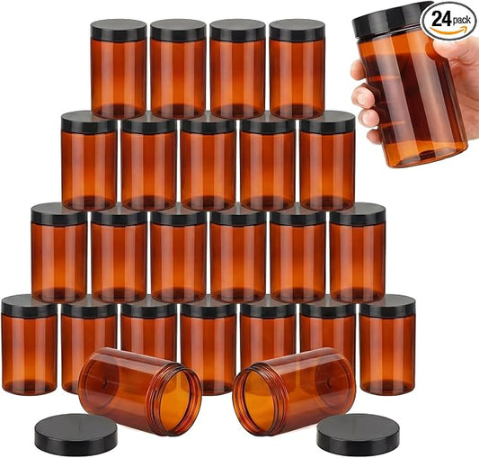 SATINIOR 24 Pieces Empty Clear Plastic Jars with Lids Round Storage Containers Wide Mouth for Beauty Product Cosmetic Cream Lotion Liquid Butter Craft and Food(Amber Lid,12 oz)
