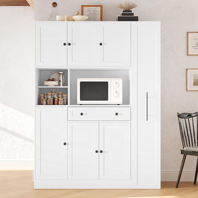 VilroCaz Farmhouse Style Large Kitchen Pantry with Hutch, Freestanding Wood Storage Cabinet Cupboard with Pull-Out Side Cabinet, Door Shelves and Drawer (White-6.10)