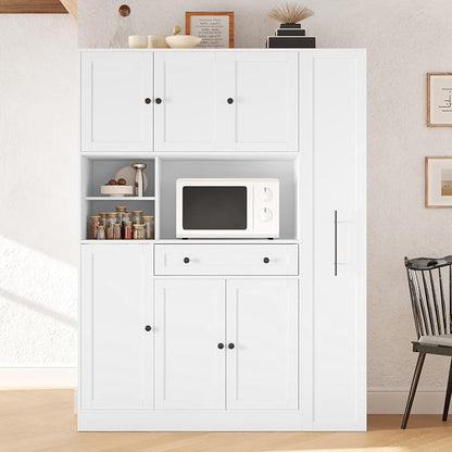 VilroCaz Farmhouse Style Large Kitchen Pantry with Hutch, Freestanding Wood Storage Cabinet Cupboard with Pull-Out Side Cabinet, Door Shelves and Drawer (White-6.10)