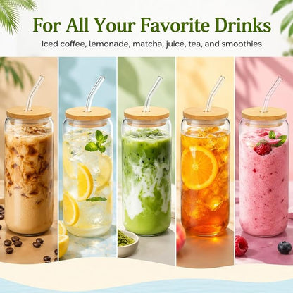 Glass Cups with Lids and Straws Set of 16, 16 oz Can Glasses with Bamboo Lids and Glass Straws, Iced Coffee Cups for Beer, Tea, Soda, Summer Hosting, Parties, Family Gatherings and Coffee Bar