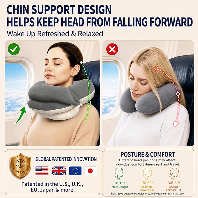 BUYUE Travel Neck Pillows for Airplanes, Memory Foam 360° Head Support Sleep for Long Flight, Skin-Friendly & Breathable, Kit with Eye Mask, Earplugs and Storage Bag (Adult, Grey, 90+ lbs)