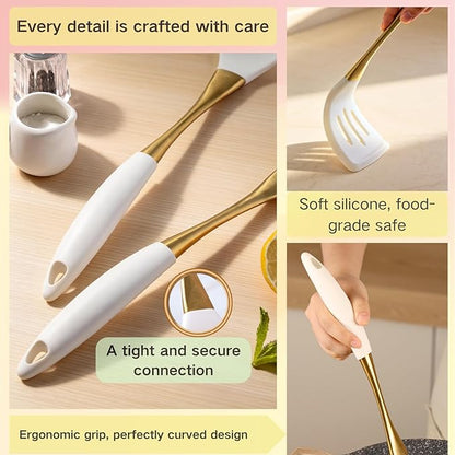 Elegant White Gold Silicone Cooking Utensils Set - Non-Toxic, Dishwasher Safe Kitchen Utensils Set with Heat Resistant Comfort Handles - Includes Spatula & Spoon for Nonstick Cookware