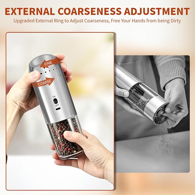 Gravity Salt and Pepper Grinder Set, Automatic Electric Mill Set, Gravity-Sensing, Rechargeable Pepper Grinder Battery Operated, Stainless Steel, Adjustable Coarseness, Kitchen Gadgets Accessories