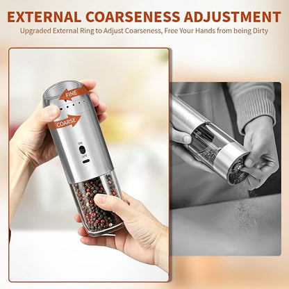 Gravity Salt and Pepper Grinder Set, Automatic Electric Mill Set, Gravity-Sensing, Rechargeable Pepper Grinder Battery Operated, Stainless Steel, Adjustable Coarseness, Kitchen Gadgets Accessories