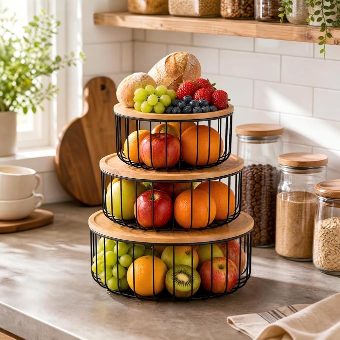 Stackable Fruit Basket for Kitchen Counter, 3-Piece Mesh Fruit Basket Set with Bamboo Lids, Large Decorative Produce & Vegetable Storage Organizer for Countertop