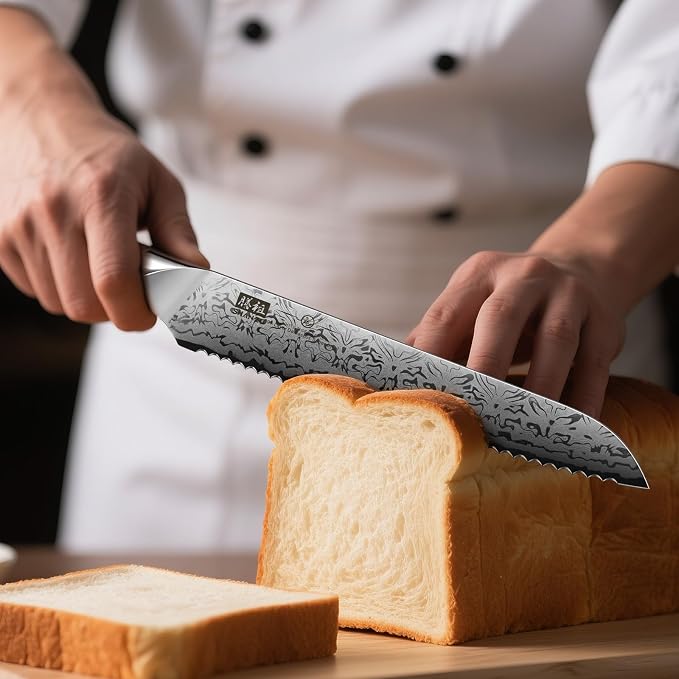 SHAN ZU Damascus Bread Knife, SG2 Powder Steel Japanese Kitchen Knife, 8 inch Hand Forged 91 Layers Damascus Steel Ultra Sharp Knife with Ergonomic Maple Handle