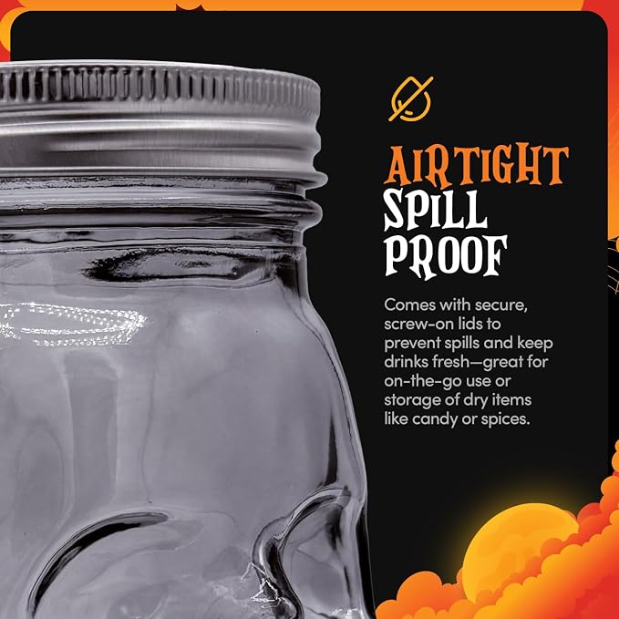 DURA LIVING Set of 2 Skull Mason Jar Glasses with Lids | 16oz Reusable Halloween Drinking Glasses | Unique Skull Décor, Storage, & Canning Jars for Parties & Gifts