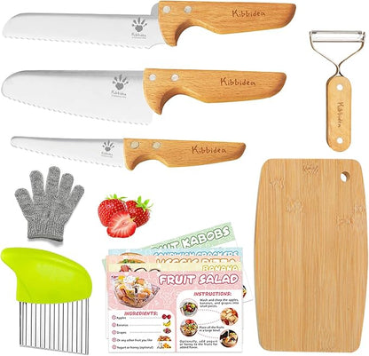 Kibbidea Kids Safe Knife set for Real Cooking, 11-Piece Kids Cutting Board & Kitchen Knife Set, BPA-free, Stainless Steel Blade, Wooden Handle, Peeler & Gloves, Serrated Child Friendly Chef Knives.
