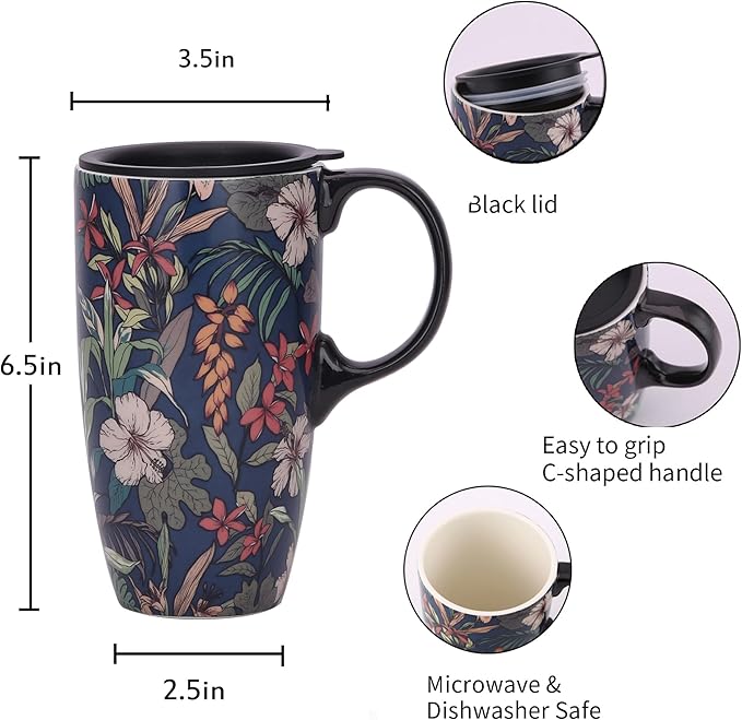 Topadorn 17oz Tropical Hibiscus Ceramic Travel Mug with Lid, Navy Floral Coffee Cup, Exotic Flower Mug, Microwave & Dishwasher Safe, Gift Box Included