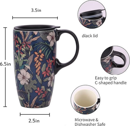 Topadorn 17oz Tropical Hibiscus Ceramic Travel Mug with Lid, Navy Floral Coffee Cup, Exotic Flower Mug, Microwave & Dishwasher Safe, Gift Box Included