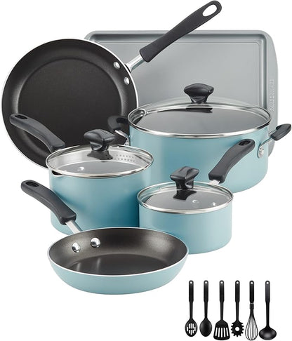 Farberware Cookstart Aluminum DiamondMax Nonstick Cookware Set, Kitchen Essentials, 15-Piece, Aqua