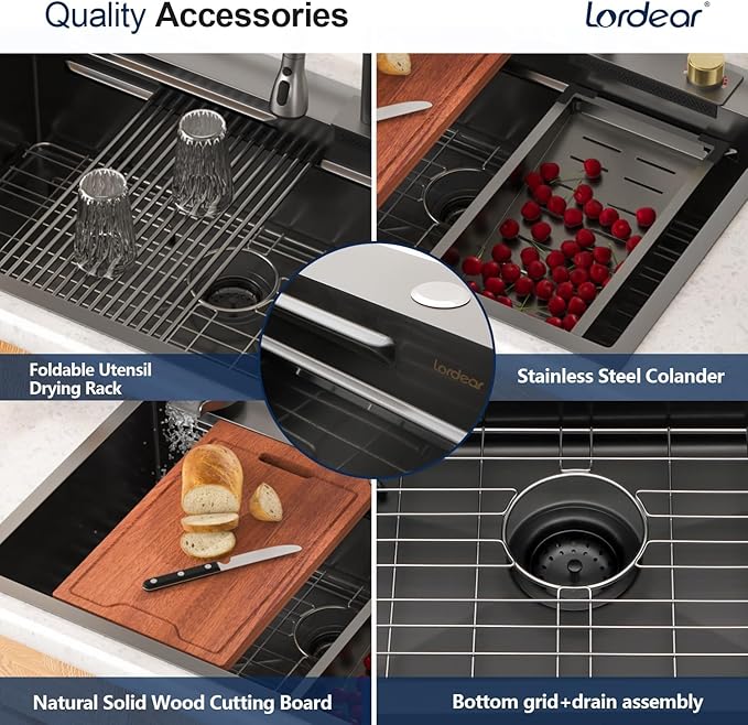 Lordear 33 Inch Black Drop In Kitchen Sink Waterfall T304 16 Gauge Stainless Steel Single Bowl Workstation Ledged Functional Large Kitchen Sinks 33x22x10 Inch