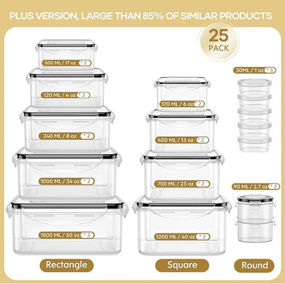 HOMETALL 50-Piece Food Storage Containers with Lids (25 Containers & 25 Lids), Airtight Reusable Meal Prep Containers for Lunch, Plastic Kitchen Storage Containers with Labels & Marker Pen