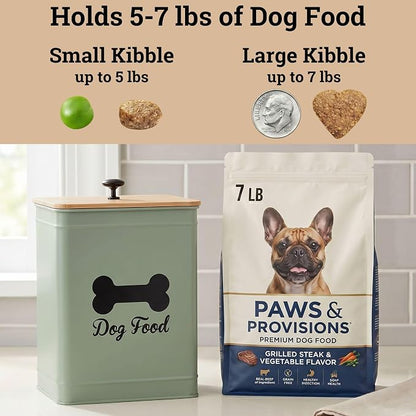 Dog Food Container Airtight 5-7 lb (25 Cup) Capacity - Cute Airtight Dog Food Storage Container with Bamboo Lid & Sturdy Metal Handle - Green Metal Kibble Storage Bin for Dogs up to 50 lbs - Pet Jar