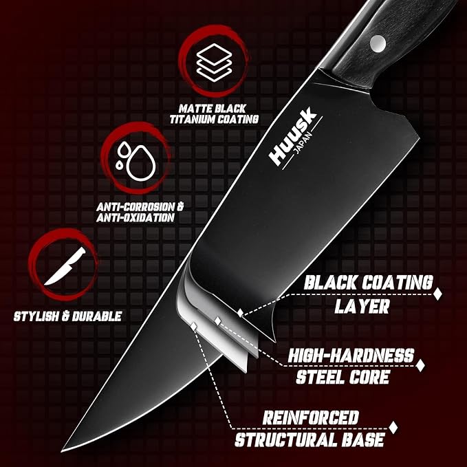Huusk Japanese Chef Knife for Kitchen - 8in Stainless Kitchen Knife with Black Titanium Coating, All Purpose Cooking Knives for Vegetable & Meat Cutting, Ultra Sharp Gyuto Knives, Men's Gift