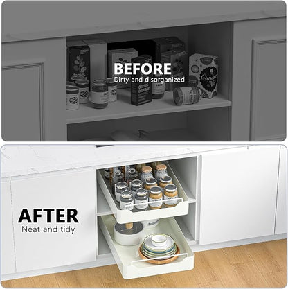 KMC Cabinet Pull-Out Organizer – No Screw, Double Layers Drawers, Peel & Stick Sliding Pantry Shelf – Kitchen Pullout with Home Adhesive