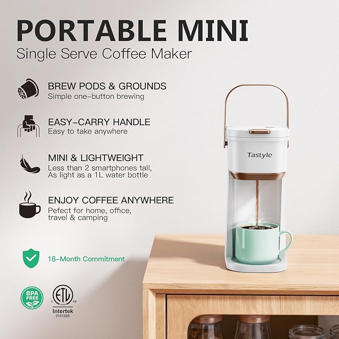 Tastyle Single Serve One Cup Coffee Maker, for K Cups and Grounds, Mini Coffee Maker with Portable Handle, 6 to 12 Oz Brew Size, for Travel, Camping, Office, RV and Dorm, 120V, White and Brown