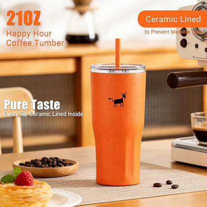 CHEERFUL GOAT Ceramic Lined Coffee Travel Tumbler – Stainless Steel Travel Coffee Tumbler with Ceramic Liner, with lid, 21 OZ Cup for Hot and Cold Water Coffee at Home, Office, or On the Go (Orange)