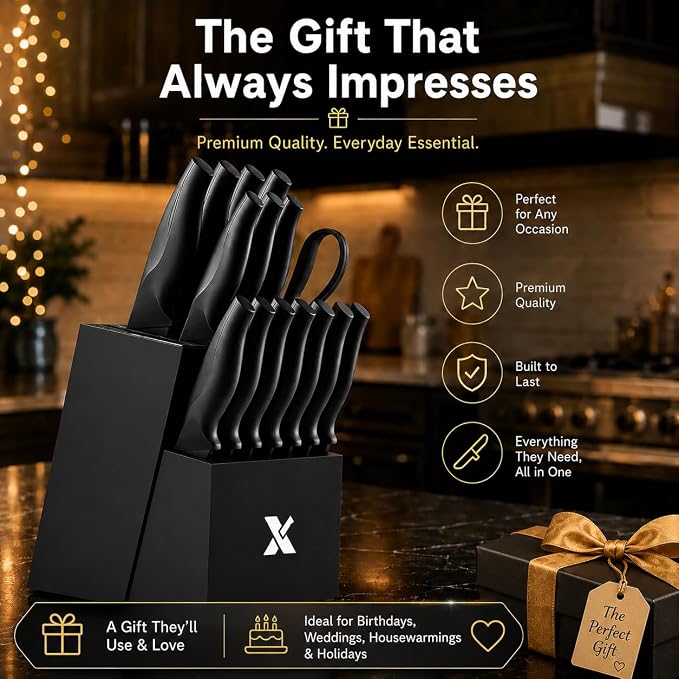 XANAPON 19-Piece Black Kitchen Knife Set with Block and Built-in Sharpener, High Carbon Stainless Steel Chef Knives Set for Kitchen with 8 Steak Knives, Ergonomic Handles, Perfect Housewarming Gift