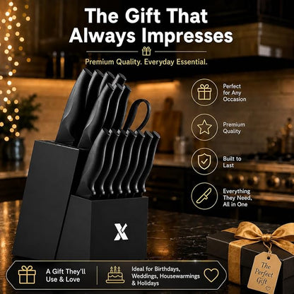 XANAPON 19-Piece Black Kitchen Knife Set with Block and Built-in Sharpener, High Carbon Stainless Steel Chef Knives Set for Kitchen with 8 Steak Knives, Ergonomic Handles, Perfect Housewarming Gift