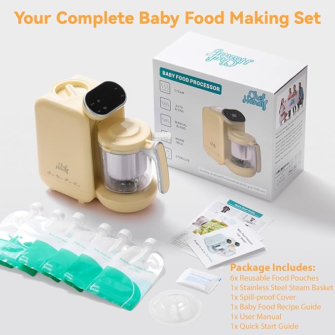Chefhandy Baby Food Maker, Steamer & Blender with Stainless Steel Basket, Puree Maker with Auto/Manual Blend, Bottle Warmer & Sterili-zer, Safe & Easy-to-Clean Compact Baby Food Processor (Yellow)