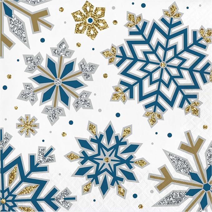 Whimsical Winter Party Supply Pack | Bundle Includes Paper Dinner Plates, Dessert Plates & Napkins for 8 People | Winter Blue Silver and Gold Snowflakes