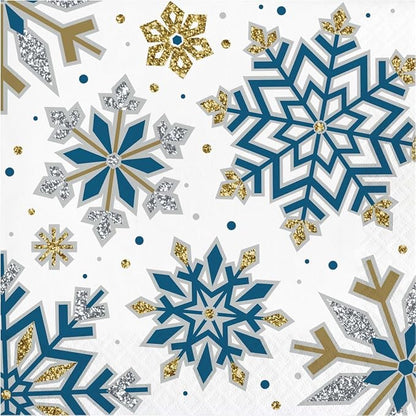 Whimsical Winter Party Supply Pack | Bundle Includes Paper Dinner Plates, Dessert Plates & Napkins for 8 People | Winter Blue Silver and Gold Snowflakes