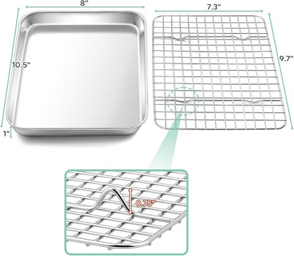 TeamFar Toaster Oven Pan with Cooling Rack Set, 10.5’’ x 8’’ x 1’’ Stainless Steel Compact Toaster Oven Small Baking Pan Tray with Mini Grid Rack, Non-Toxic & Heavy-Duty, Dishwasher & Oven Safe