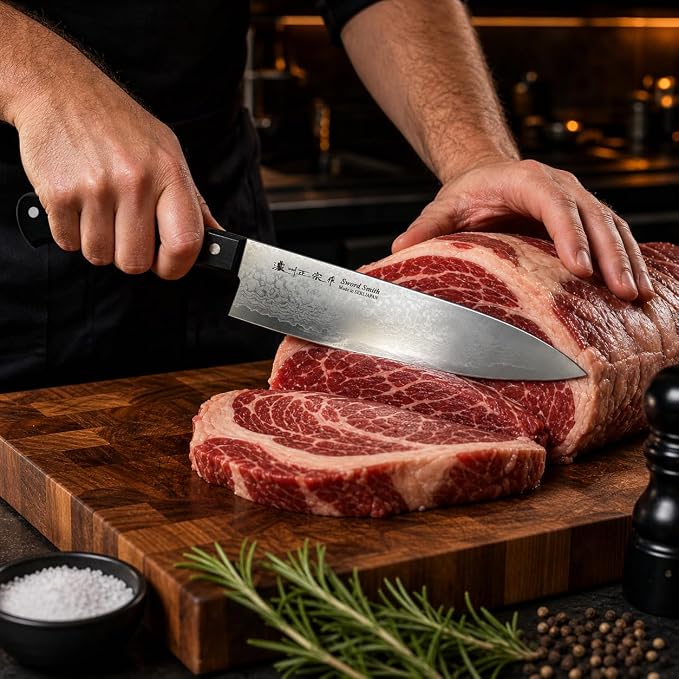SATAKE CUTLERY Damascus Chef Knife 8 Inch, 69-Layer Aichi Damascus Steel, Gyuto Japanese Kitchen Knife, Gift for Home Cooks and Professional Chefs, Made in Seki Japan