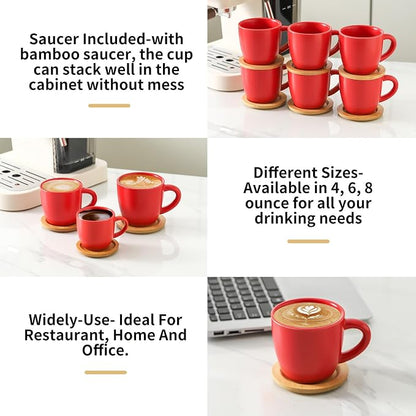 HASENSE Cappuccino Cups with Bamboo Saucers Set of 6, 8 OZ Ceramic Espresso Cups with Handle for Double Shot, Latte, Mocha, Stackable Coffee Cups for Cafes, Home and Office, Red