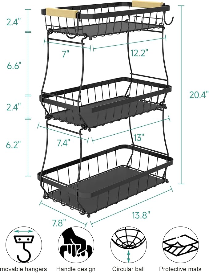 Sevenblue 3 Tier Fruit Basket for Kitchen Counter with 2 Mobile Banana Hangers, 2026 Pro Detachable Metal Fruit Bowl with Wooden Handle, Fruit Holder for Bread Snack Veggies with Protective Mats