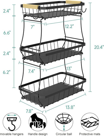 Sevenblue 3 Tier Fruit Basket for Kitchen Counter with 2 Mobile Banana Hangers, 2026 Pro Detachable Metal Fruit Bowl with Wooden Handle, Fruit Holder for Bread Snack Veggies with Protective Mats