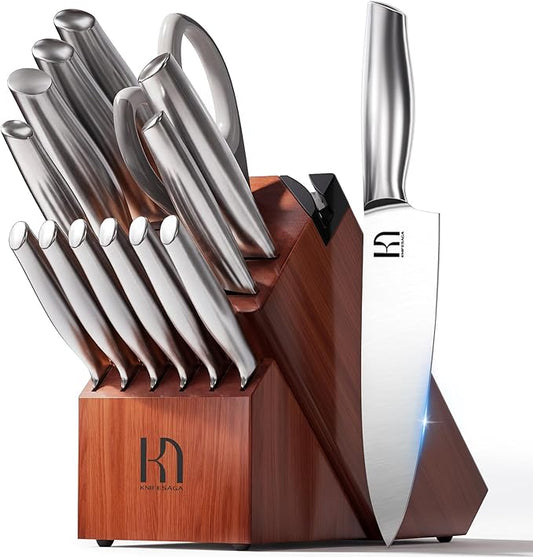 KnifeSaga Knife Set Premium, Japanese High Carbon Stainless Steel 14 Pcs Kitchen Knives Block Set with Built-in Sharpener and Wood Block, Razor Sharp Knife Sets for Kitchen with Ergonomic Handle