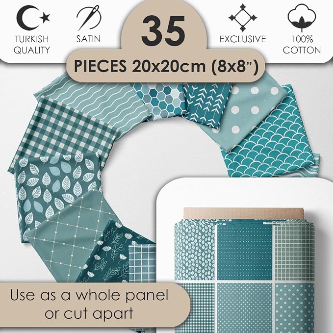 Cotton Satin Patchwork Fabric Panel – 35 Designs, 20×20 cm Squares, Single Piece 150×110 cm, Green Patchwork Quilt Fabric (Turquoise Waves Patchwork Set, 35pcs 8x8 inch)