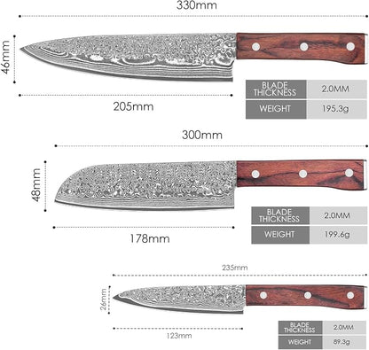 COOKLET'S Chef Knife Set, 3PCS Professional Japanese VG10 Damascus Steel Kitchen Knife Set Chefs Knife, Paring knife, Santoku Knives, G10 Handle, Super Sharp Cooking Knife Set for Home with Gift Box