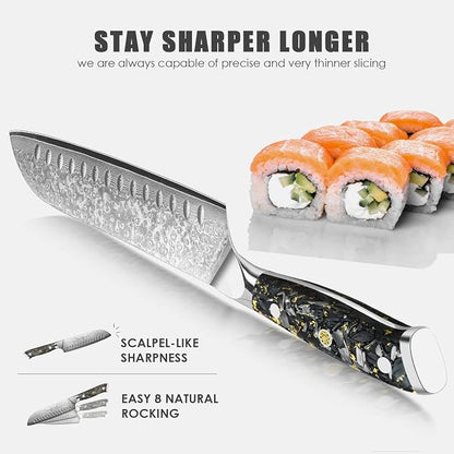 KEENZO Santoku knife 7 inch, Sharp Chef Knife, Professional kitchen knives,Japanese Hand Forged 67 Layers Hammered Damascus Steel Cooking Knife,Gold Foil Resin Handle with gift box