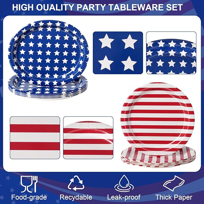 100 PCS Patriotic Paper Plates and Napkins | Bundle Includes Paper Oval Dinner Plates Dessert Plate and Napkins for 4th of July Independence Day Party Supplies