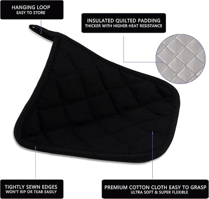 Kitchen Pot Holders Set Heat Resistant Pure Cotton Potholders Kit Trivets Large Coasters Hot Pads Terry Pot Holders for Everyday Cooking and Baking by 7 x 7 Inch Set of 6 Black