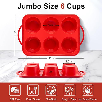 Puyeipt Jumbo Muffin Pan with Metal Frame, 6 Cup Large Cupcake Mold with Handles, Silicone Egg Bite Baking Tray, BPA Free & Non-Stick