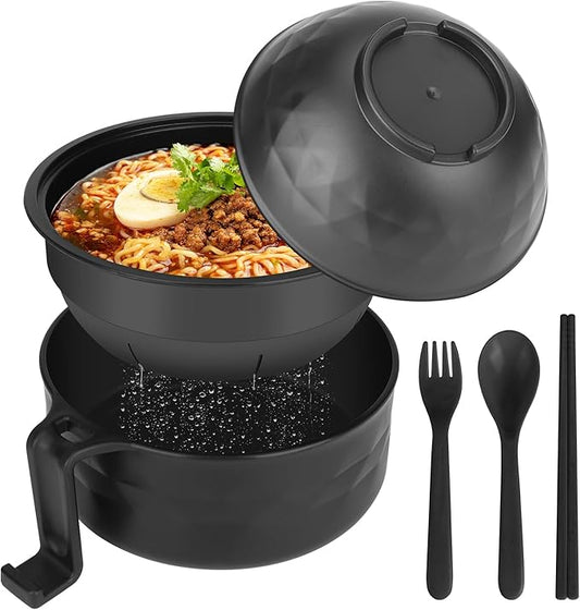 Ramen Bowl Set, Ramen Cooker 33 oz, Ramen Bowls with Chopsticks and Spoon, Microwave Pasta Cooker, College Dorm Essentials for Girls Guys (Black)
