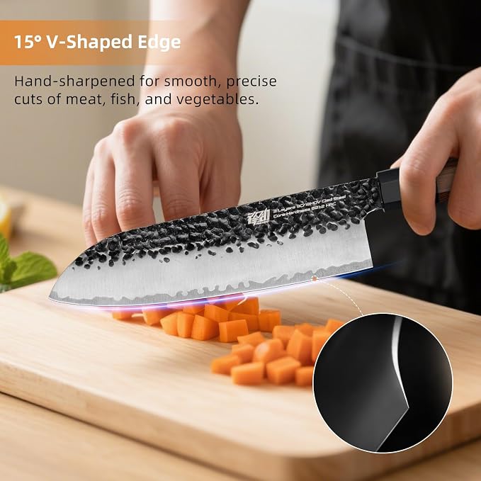 FINDKING Japanese Santoku Knife 7 Inch, Multipurpose Japanese Chef Knife with High Carbon Steel Blade, Rosewood Octagonal Handle, for Meat, Fish, Fruits and Vegetables, Dynasty Series
