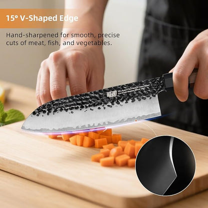 FINDKING Japanese Santoku Knife 7 Inch, Multipurpose Japanese Chef Knife with High Carbon Steel Blade, Rosewood Octagonal Handle, for Meat, Fish, Fruits and Vegetables, Dynasty Series