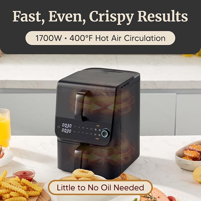 Elite Gourmet EAF6535 Dual Stacked Air Fryer, 10.5 Qt Total Capacity, Family Size, PFAS-Free Dishwasher Safe Nonstick Baskets, Sync Cook & Sync Finish, 10 Presets, 1700W, Black