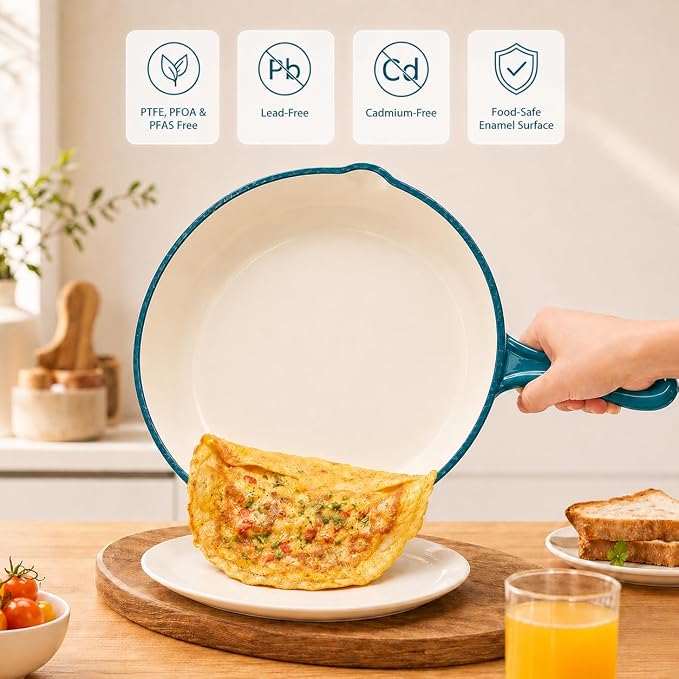 Hisencn Enameled Cast Iron Cookware Set - 7 Piece Set of Dutch Ovens, Sauce Pan, Skillet, 3 Lids, Dutch Oven Set, Ceramic Coated Cast Iron, Heavy Duty, Gas/Induction Compatible (Teal)