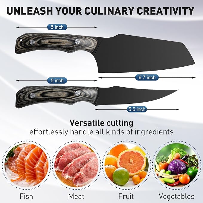 Huusk Butcher Knife Set 2PC-Sharp Meat Cleaver Full Tang Boning Knife with Leather Sheath Titanium Plated Kitchen Chef Knives for Outdoor Camping Thanksgiving Christmas Black