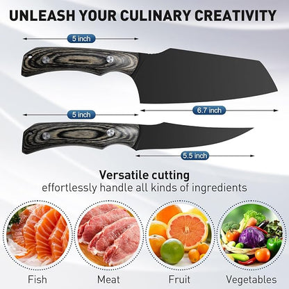 Huusk Butcher Knife Set 2PC-Sharp Meat Cleaver Full Tang Boning Knife with Leather Sheath Titanium Plated Kitchen Chef Knives for Outdoor Camping Thanksgiving Christmas Black