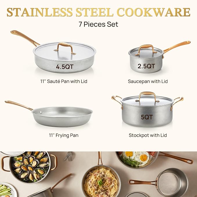 KOKHUB 7-Piece Tri-Ply Stainless Steel Cookware Set, Retro Pot and Pan Set Non Toxic, Kitchen Uncoated Cooking Set with Copper-Plated Handles, Oven & Induction Ready, Dishwasher Safe