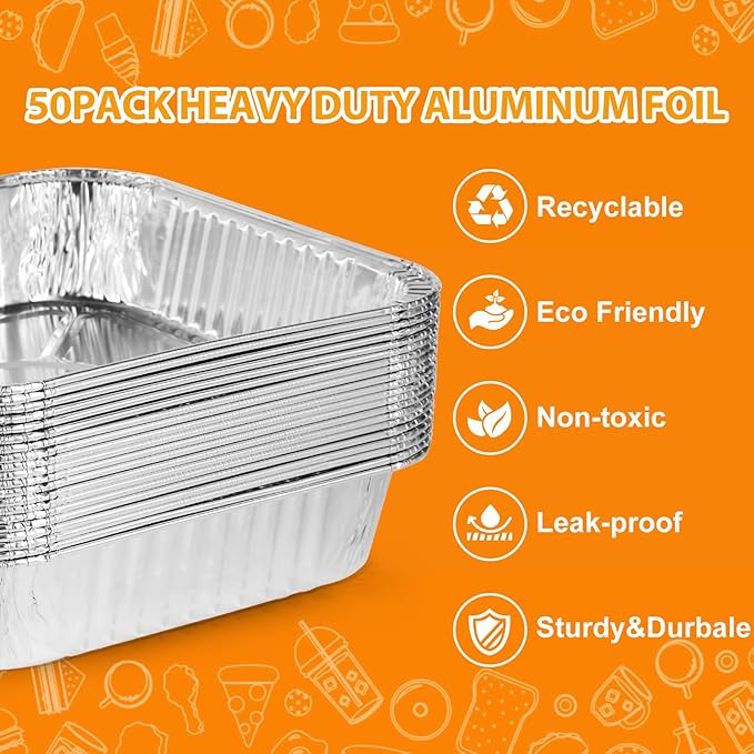 8x8 Foil Pans 50 Pack, Heavy Duty Square Disposable Baking Cake Pans, Disposable Food Containers Great for Baking Pans, Cooking, Heating, Parties Meal Prep, Storing, Breads, Brownies, Meatloaf,Lasagna